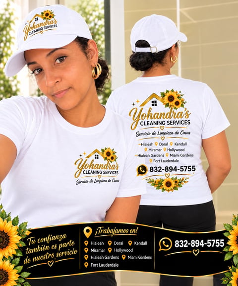 Flyer for a cleaning service with branded shirt and cap