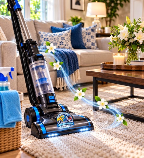 Upright vacuum on a living room rug near a beige sofa — Rachell’s Cleaning Services, Clovis