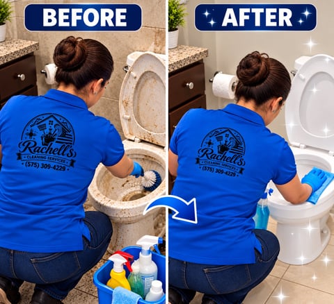 Before and after: cleaner scrubbing a stained toilet, then a clean toilet — Rachell’s Cleaning Services, Clovis