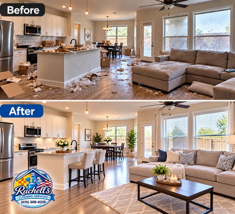 Before and after of kitchen and living room with debris removed — Rachell’s Cleaning Services, Clovis