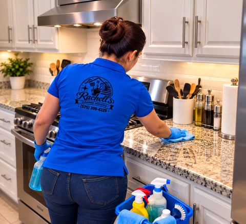 Cleaner wiping a granite kitchen countertop near the stove — Rachell’s Cleaning Services, Clovis