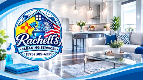 Cleaning company logo over a bright living room and kitchen