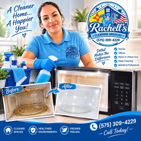 Flyer for a cleaning service with before and after microwave photos — Rachell’s Cleaning Services, Clovis