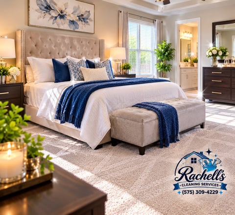 Bedroom with tufted headboard, navy pillows, and bench seating — Rachell’s Cleaning Services, Clovis
