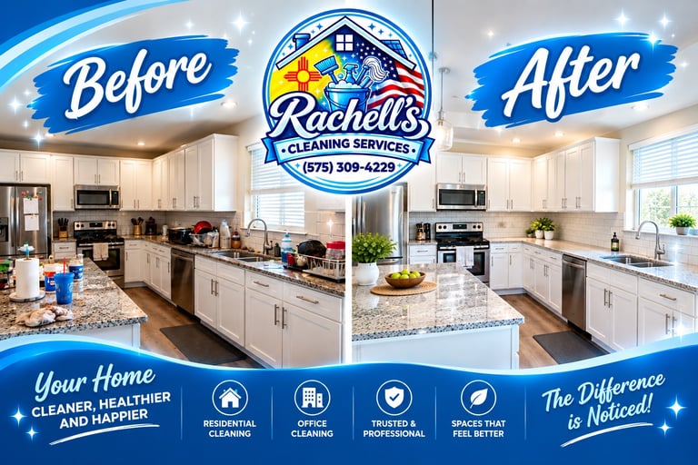 Before and after flyer of a kitchen with white cabinets — Rachell’s Cleaning Services, Clovis
